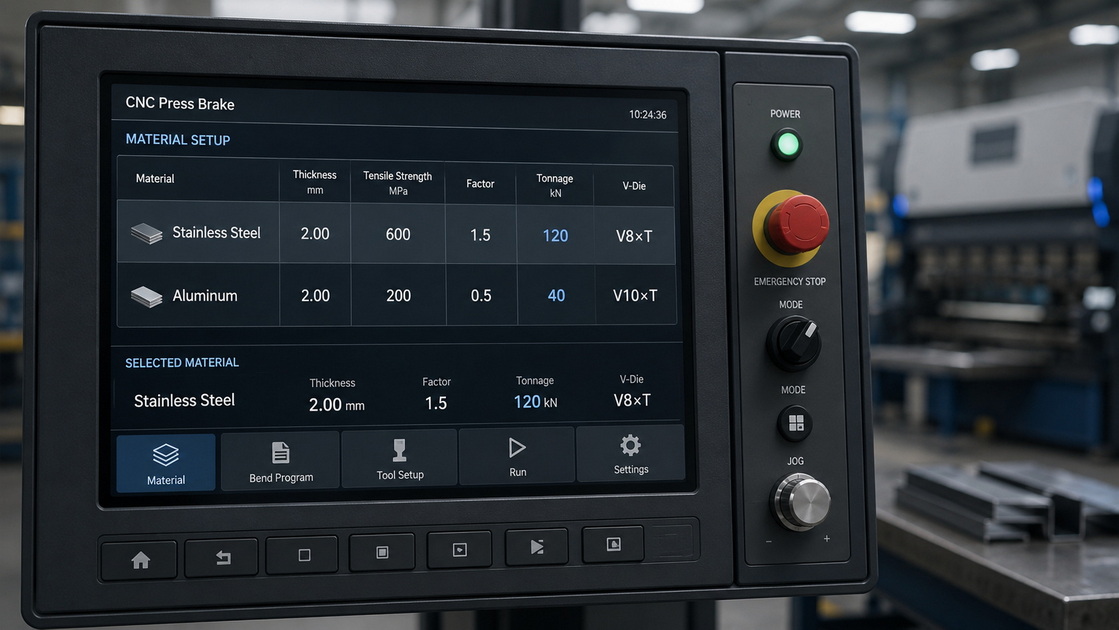 Press Brake Material Settings Screen Press Brake Material Settings Screen
