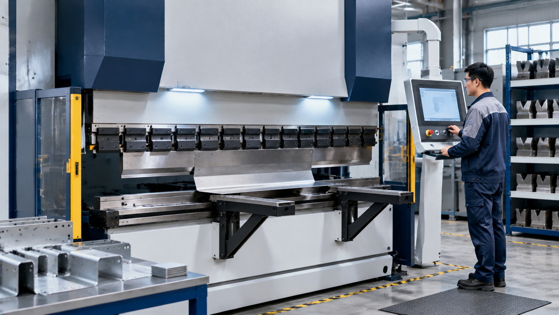 CNC Press Brake Operator In A Modern Fabrication Workshop CNC Press Brake Operator In A Modern Fabrication Workshop